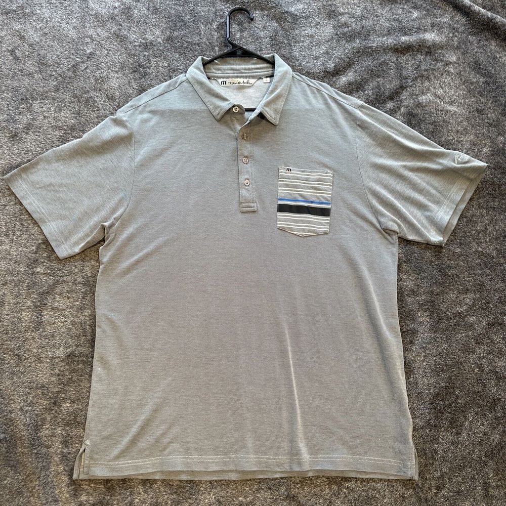 Travis‎ Mathew Golf Polo Shirt Men Grey striped pocket 2XL